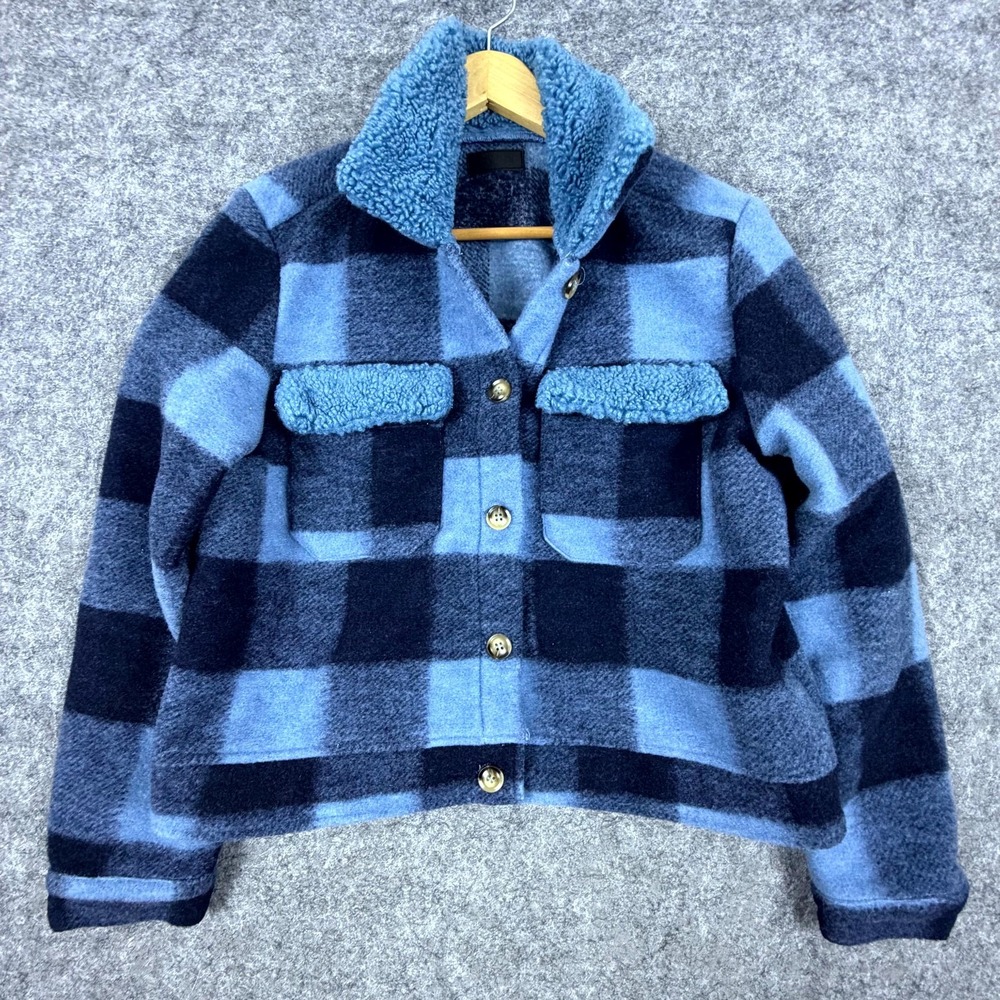 Umgee Shacket Womens Medium Navy Blue Check Cozy Sherpa Boxy Cropped Plaid